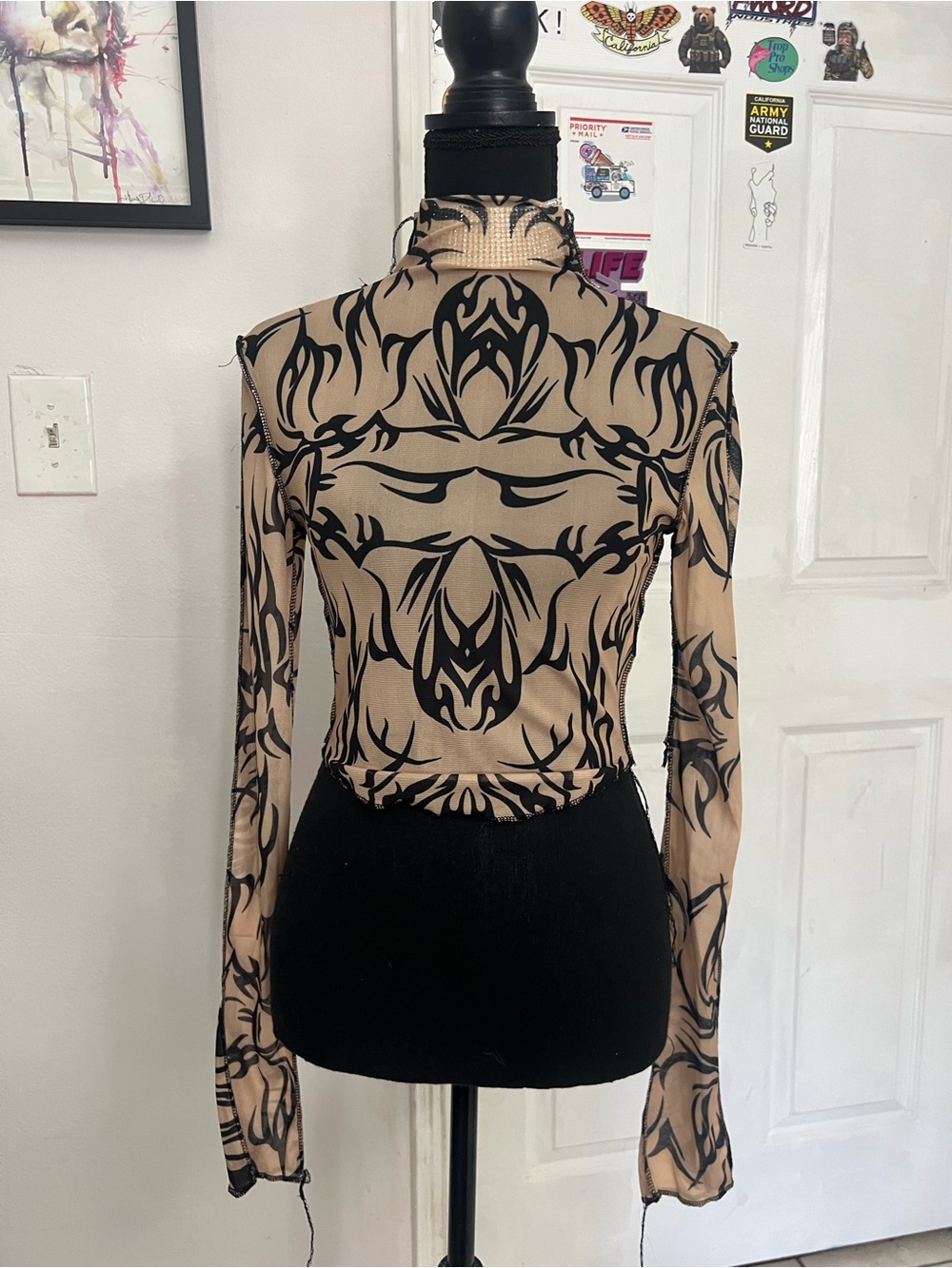 Women's Long Sleeve Mesh Mock Neck Top in Beige and Black - Picture 8 of 9